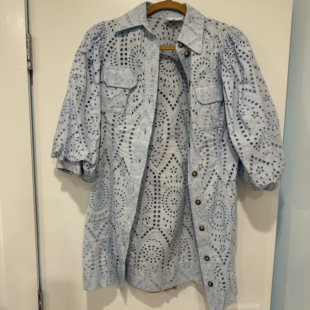 GANNI Light Blue Eyelet Button-Up Shirt Dress